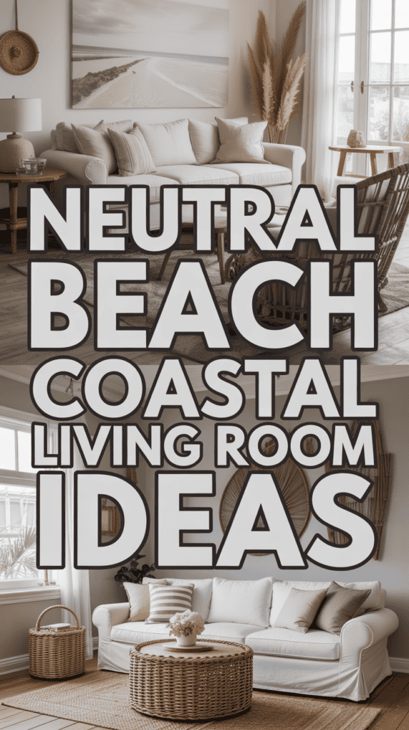Living room with neutral beach decor, including a beige sofa, wicker furniture, and coastal decorations.