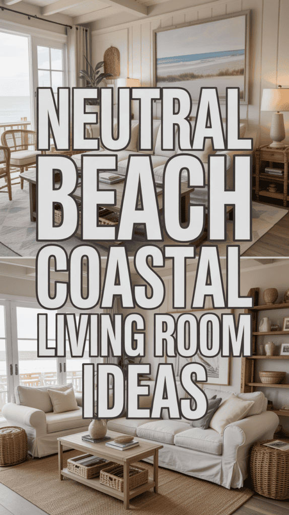Stylish coastal living room with neutral tones, wicker furniture, and large windows overlooking the ocean.