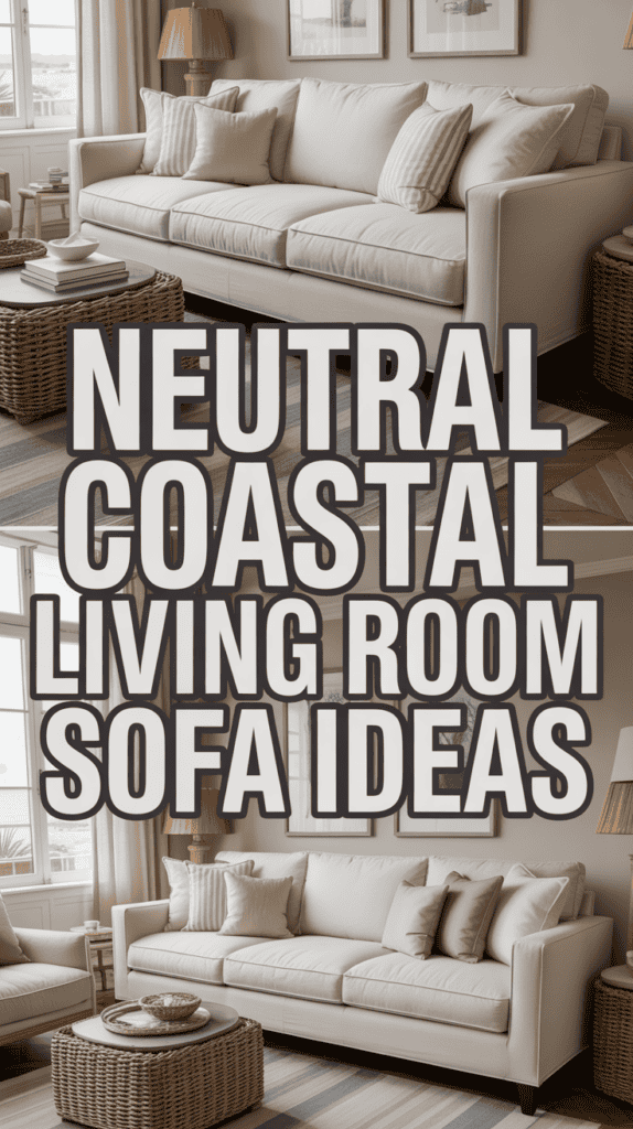 Living room with a neutral sofa, wicker accents, and a coastal theme.