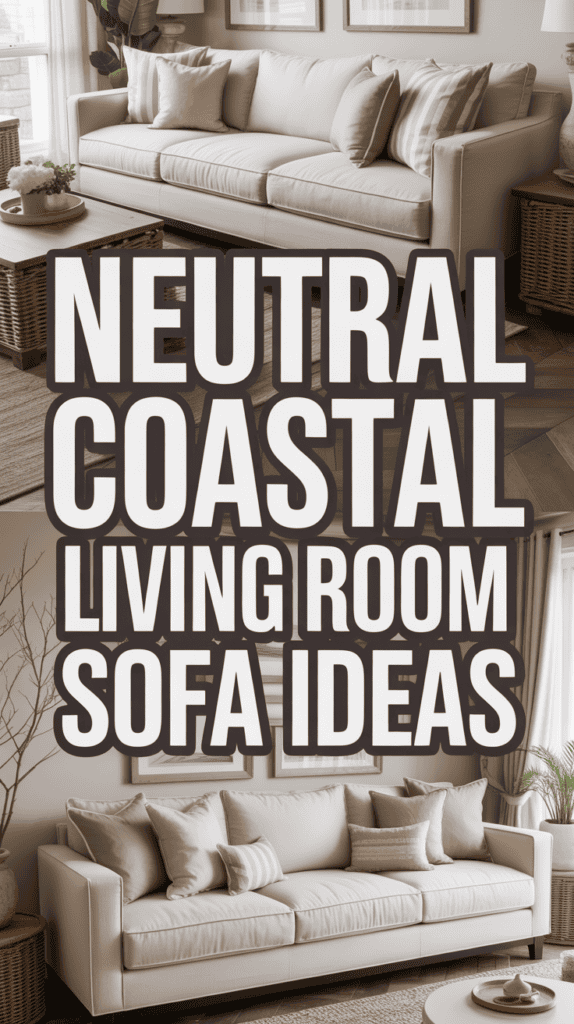 Stylish living room featuring neutral-toned sofas with coastal decor and text overlay stating "Neutral Coastal Living Room Sofa Ideas."
