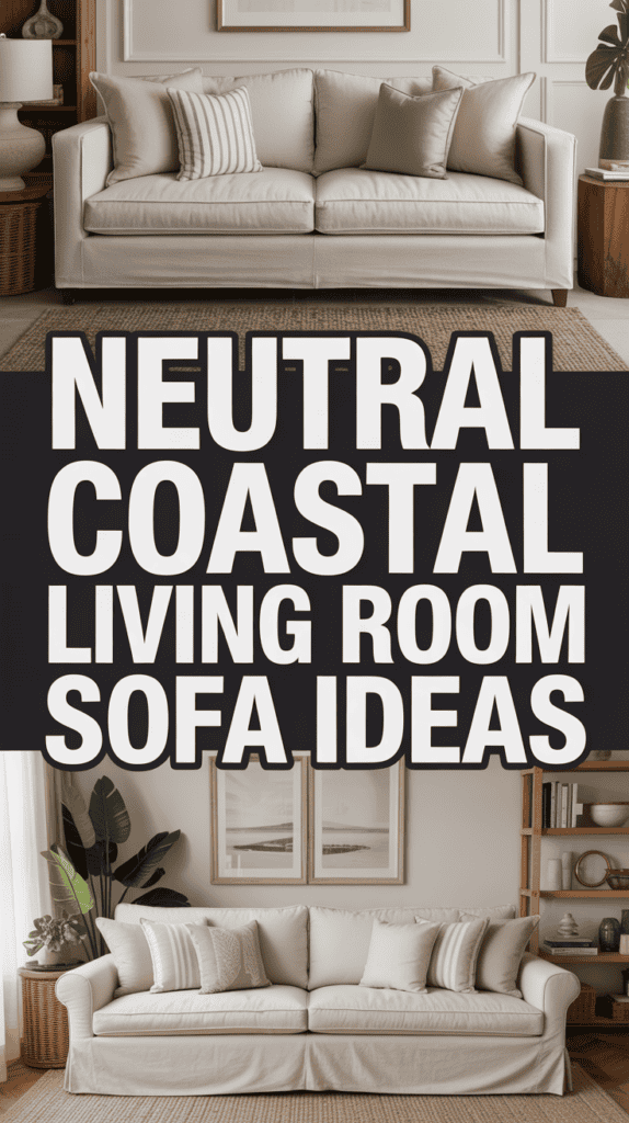 Beige sofas in a neutral coastal living room, accented with cushions and plants. Text: "Neutral Coastal Living Room Sofa Ideas."