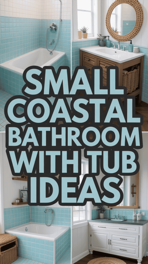Collage of a coastal-themed bathroom featuring a bathtub, vanity, and blue tiled walls, with text: "Small Coastal Bathroom with Tub Ideas."