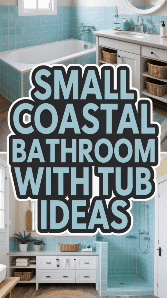 A bathroom with coastal decor, featuring light blue tiles, a white tub, and wicker baskets under a white vanity.