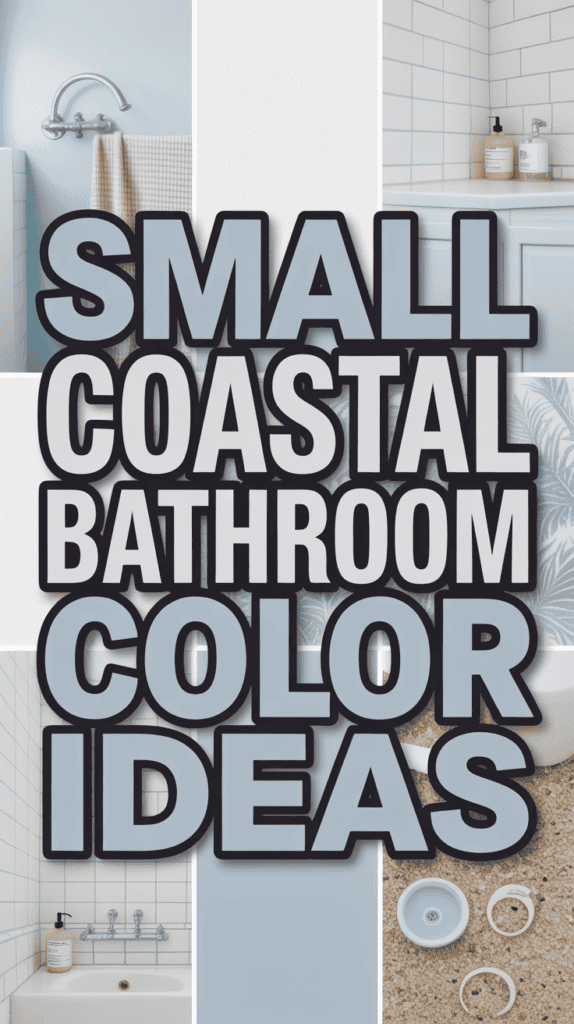 Collage of small coastal bathroom designs with light blue accents, featuring towels, tiles, and decorative items.