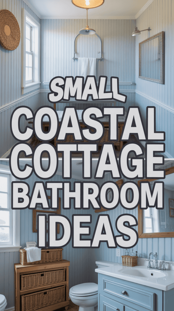 Bathroom with light blue walls, wicker basket, and text overlay reading "Small Coastal Cottage Bathroom Ideas."