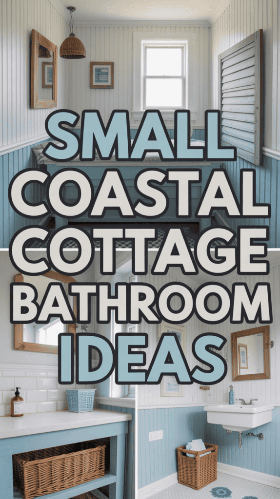 Rustic coastal bathroom with white paneling, a small window, a mirror, and wooden accents. Text: "Small Coastal Cottage Bathroom Ideas."