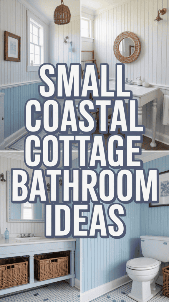 A collage of small coastal cottage bathrooms with wood paneling, wicker baskets, and blue accents.