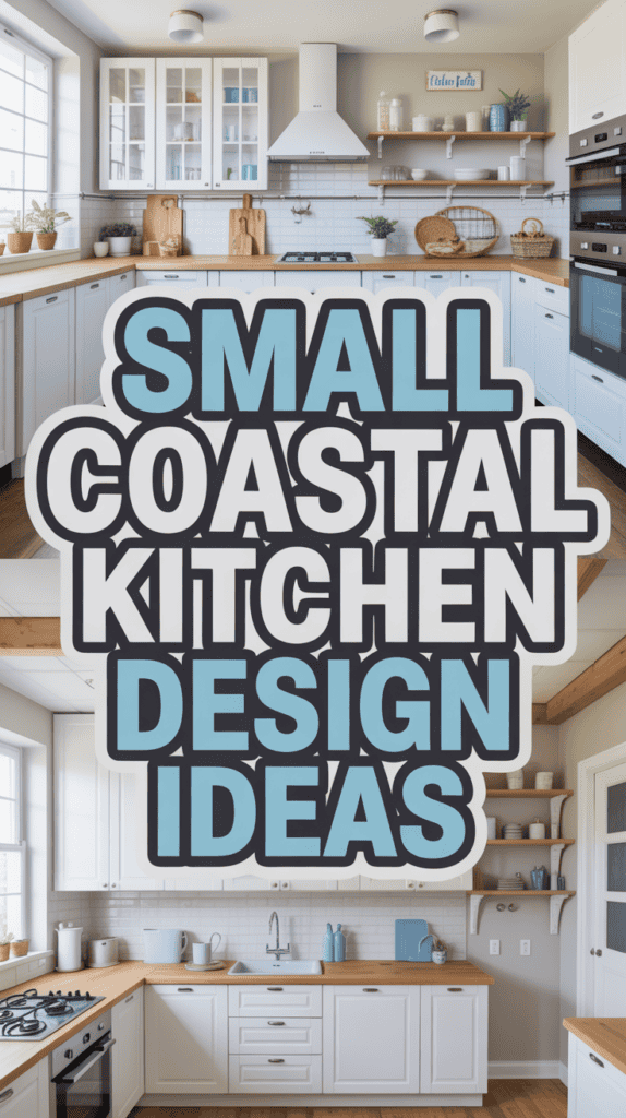 Split image showing a bright kitchen with white cabinets and wooden accents, overlaid text reads "Small Coastal Kitchen Design Ideas."