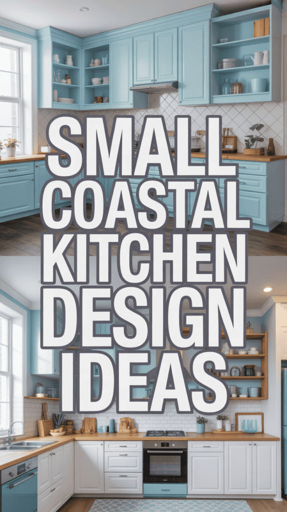 Two images of a small coastal kitchen design featuring blue cabinets with natural wooden shelves and white tiles.