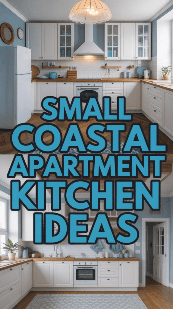 A bright kitchen with white cabinets, wooden countertops, and light blue accents, showcasing decorative kitchenware and a central stove.