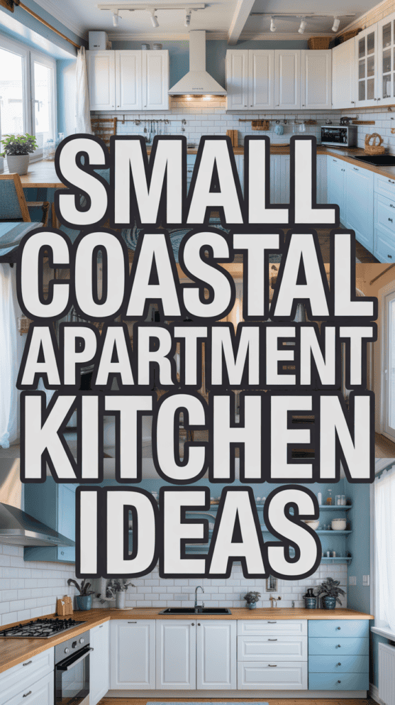 A collage of modern coastal-themed kitchen designs with blue and white cabinetry, wooden countertops, and nautical decor.