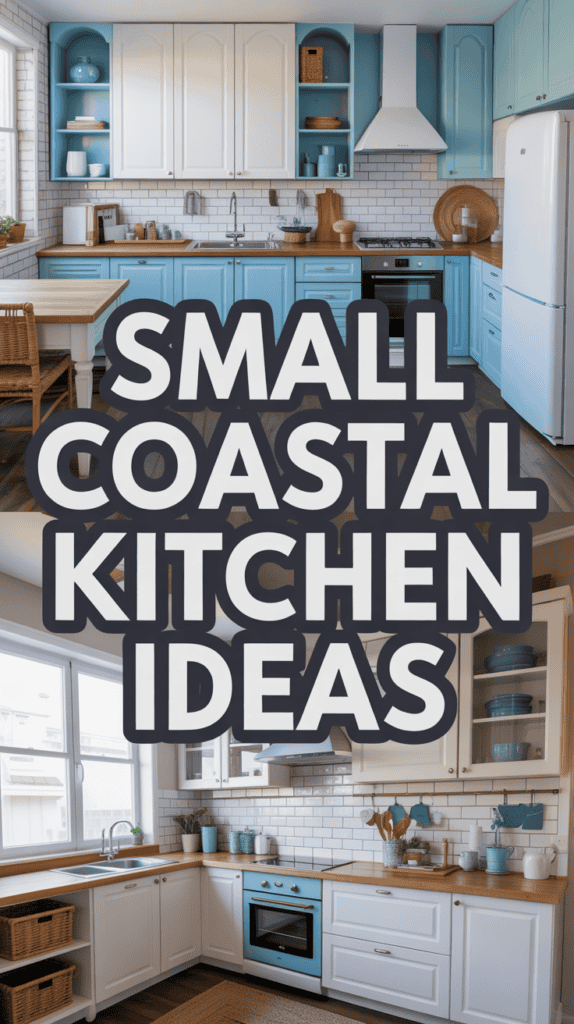 Two coastal-style kitchens with blue and white cabinets, wooden countertops, and decor accents like wicker baskets and plants.