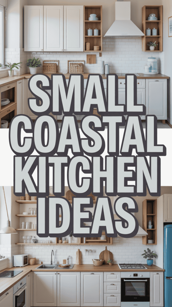 A kitchen with light cabinetry and accents of wood shelves, featuring the text "Small Coastal Kitchen Ideas."