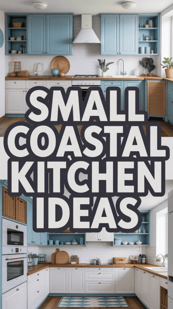 Interior of a kitchen with coastal decor and the large text "Small Coastal Kitchen Ideas."