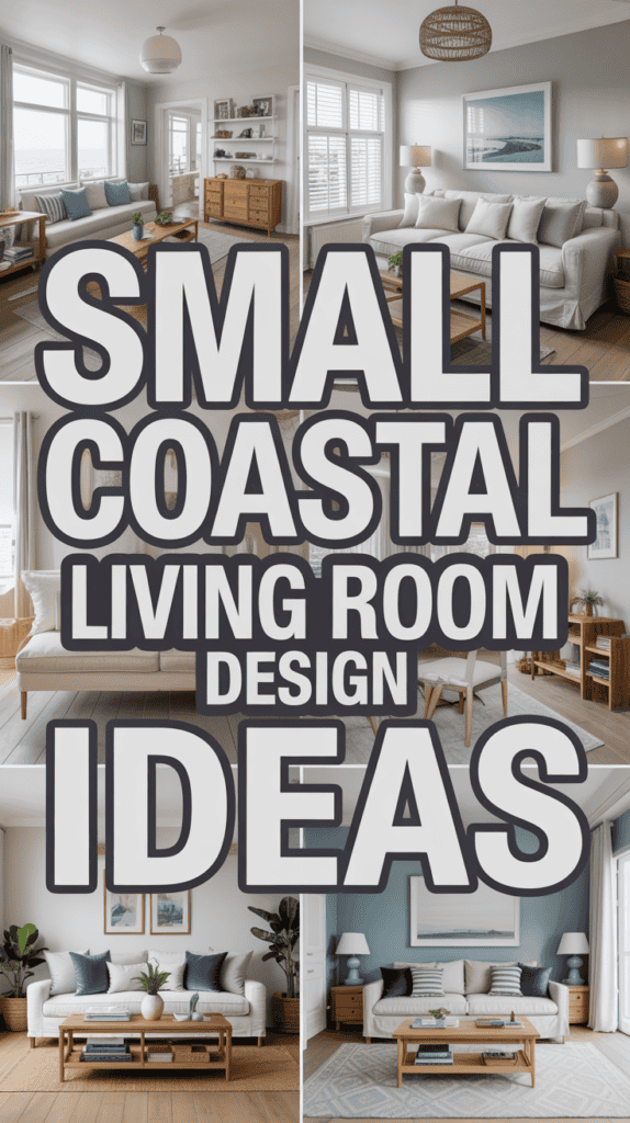 Collage of small coastal living rooms with beige sofas, blue decor, and text overlay reading "Small Coastal Living Room Design Ideas".