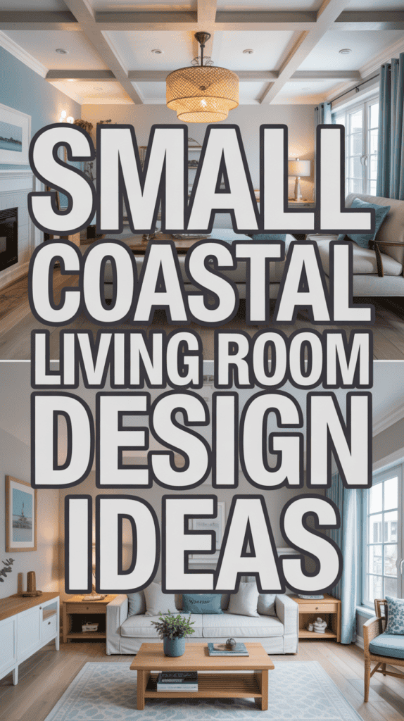 Living room with coastal decor, featuring light blue walls, wooden furniture, and large white text overlay about design ideas.