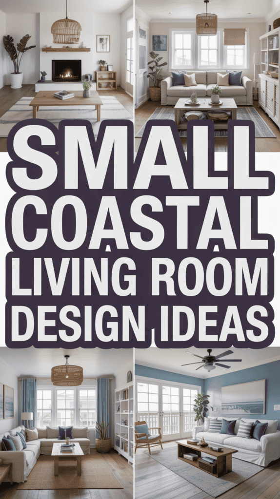 A collage featuring stylish small coastal living rooms with well-lit spaces, light furniture, and ocean-themed decor elements.