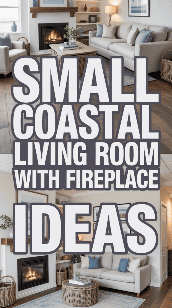 Living room with coastal decor features a fireplace, light sofas, woven baskets, and a coffee table in a cozy setting.