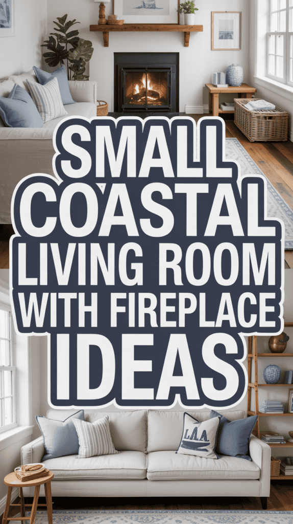 Stylish coastal-themed living room with a fireplace, blue accents, and wicker elements, showcasing cozy decor ideas.