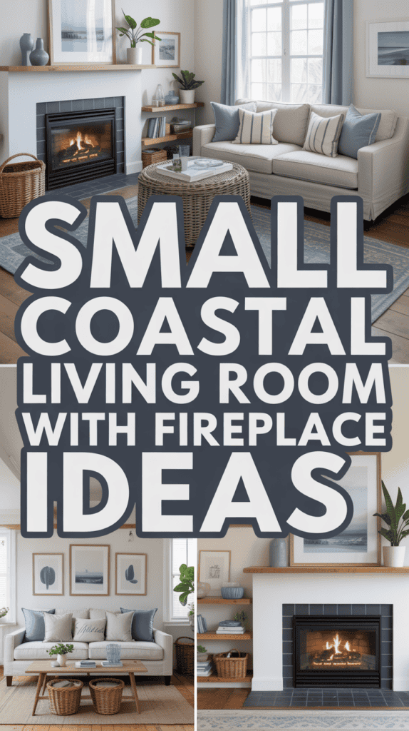 Collage of small coastal living room designs featuring a fireplace, with decor ideas like plants and light-colored furniture.
