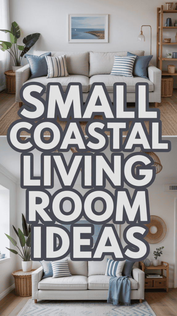 Living room with a coastal theme, featuring a gray sofa, blue accents, and text reading "Small Coastal Living Room Ideas."