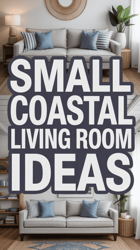 Sofa with blue pillows and decor in a coastal-themed living room with text: "Small Coastal Living Room Ideas."