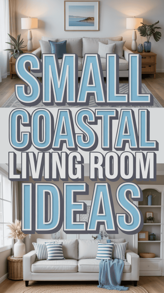 Living room with coastal decor, featuring a sofa with striped cushions and text: "Small Coastal Living Room Ideas."