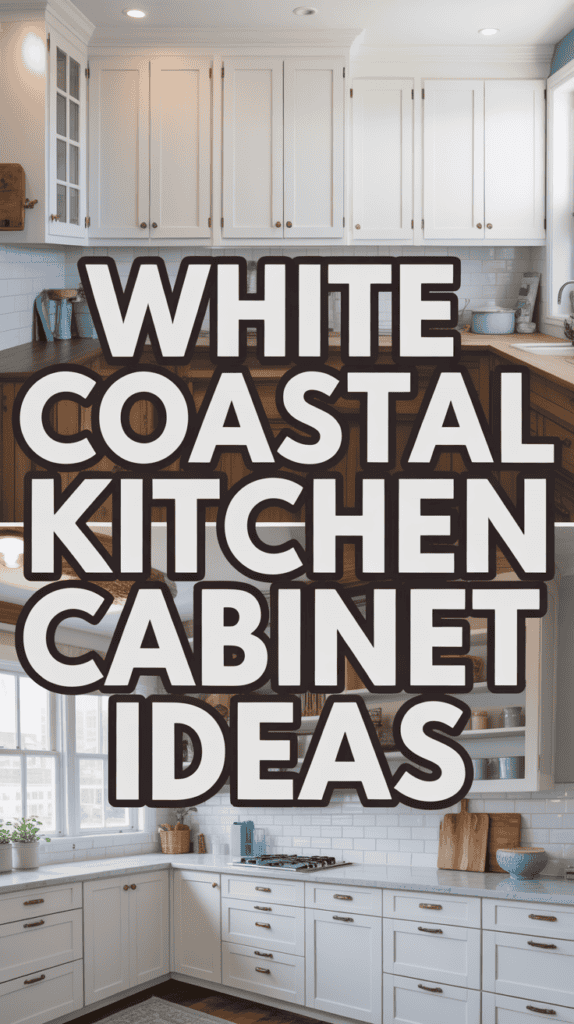 A kitchen with white cabinets, a wooden countertop, and coastal decor elements.