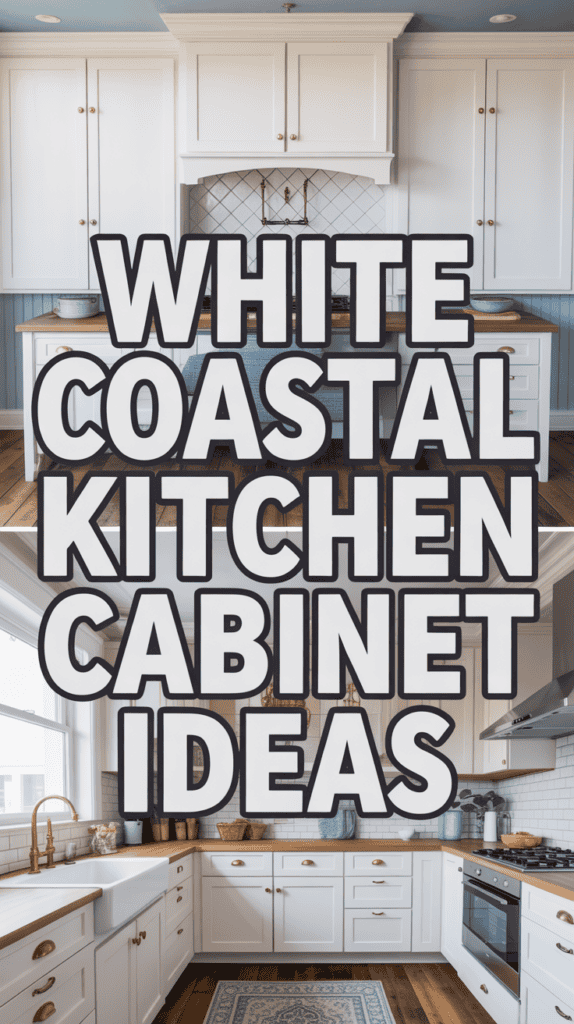 A split image of white coastal kitchen cabinets with spacious countertops and a light, airy design, overlaid with bold text reading "White Coastal Kitchen Cabinet Ideas."