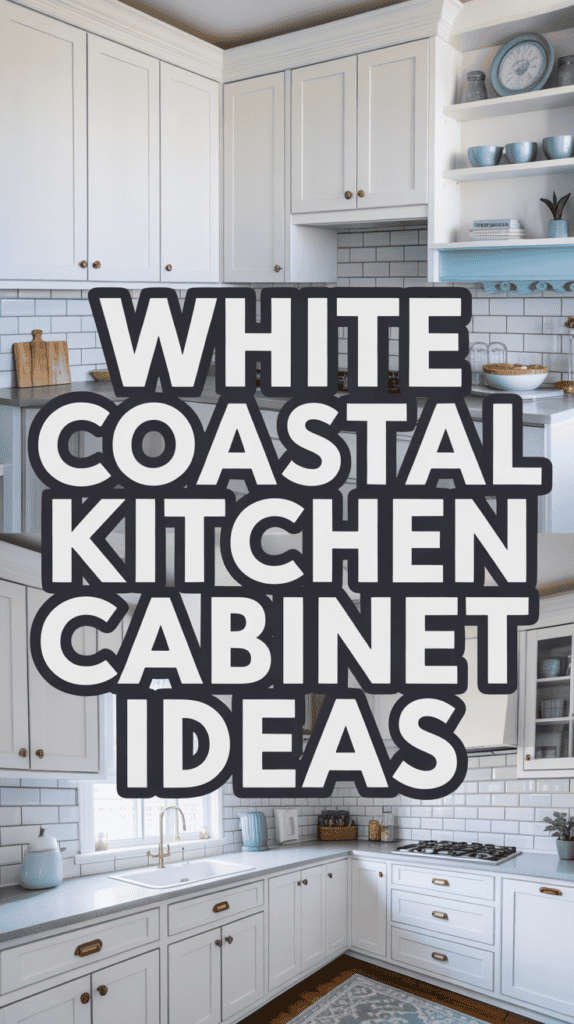 White kitchen with coastal decor, featuring subway tile backsplash, open shelves, and light blue accents.