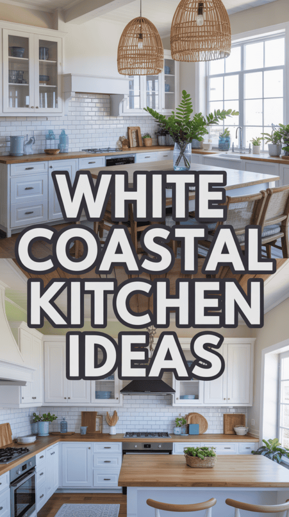 Modern kitchen with white cabinets, wicker light fixtures, and coastal decor like vases, green plants, and wooden stools. "White Coastal Kitchen Ideas" text overlays the image.
