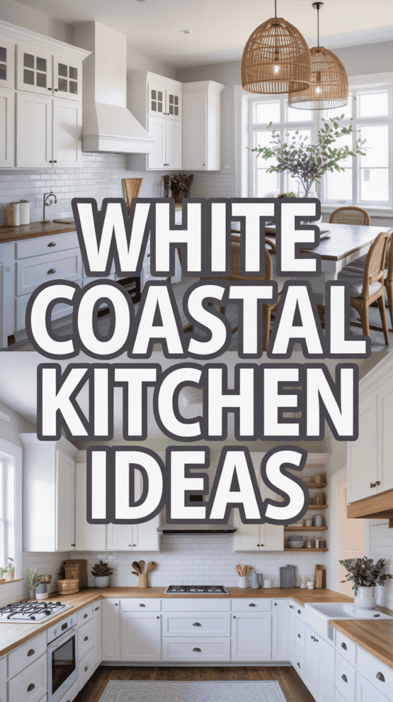 White coastal kitchen with white cabinets, wooden countertops, wicker pendant lights, and large windows. Text reads: "White Coastal Kitchen Ideas".