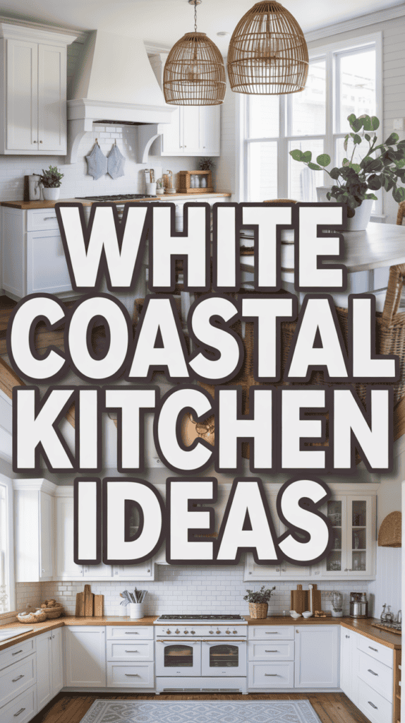 Text reading "White Coastal Kitchen Ideas" over images of a bright kitchen with white cabinetry, wood accents, and wicker elements.