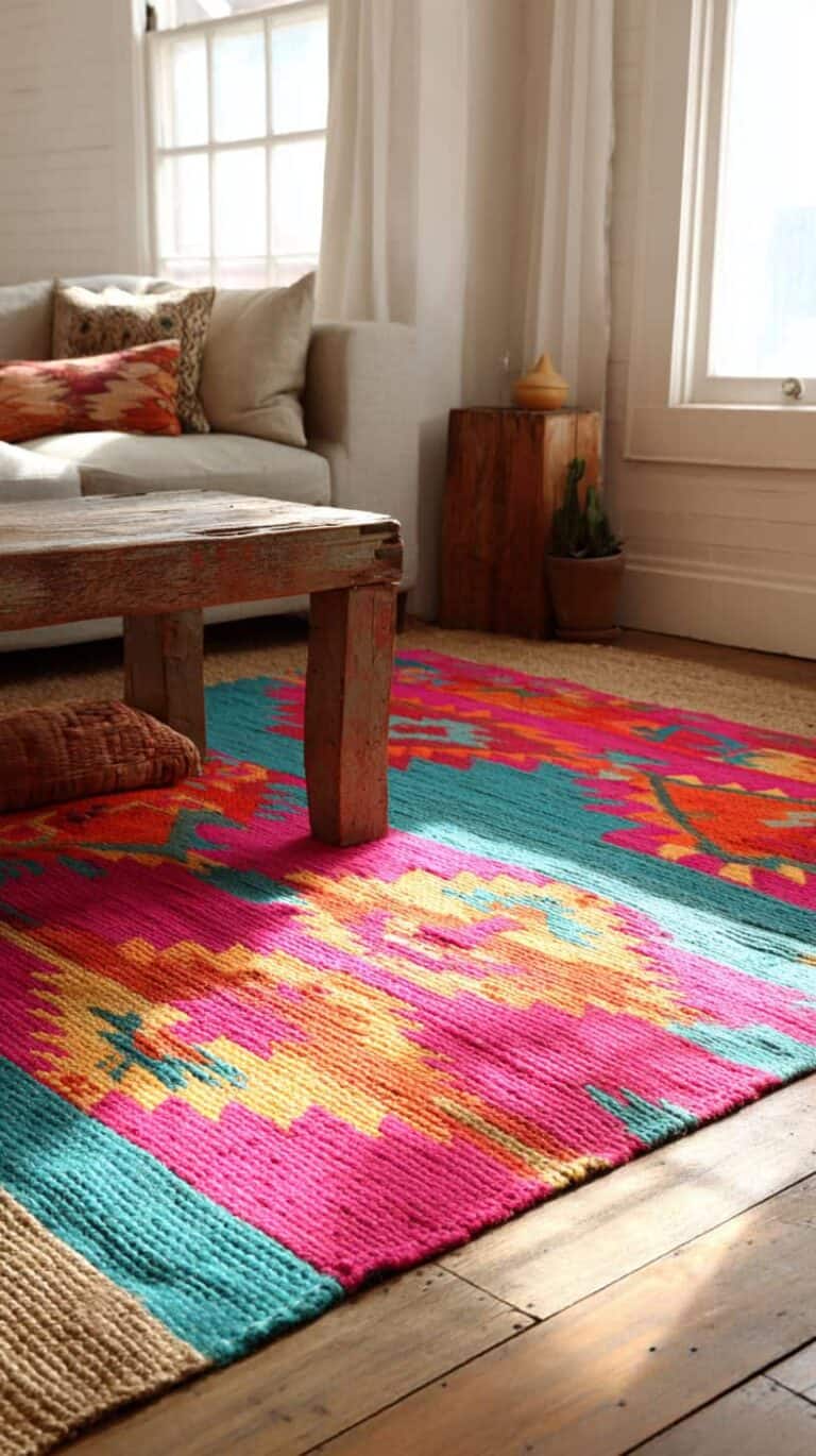 Colorful woven rug with geometric patterns on a wooden floor, next to a rustic table and a light sofa in a cozy room.