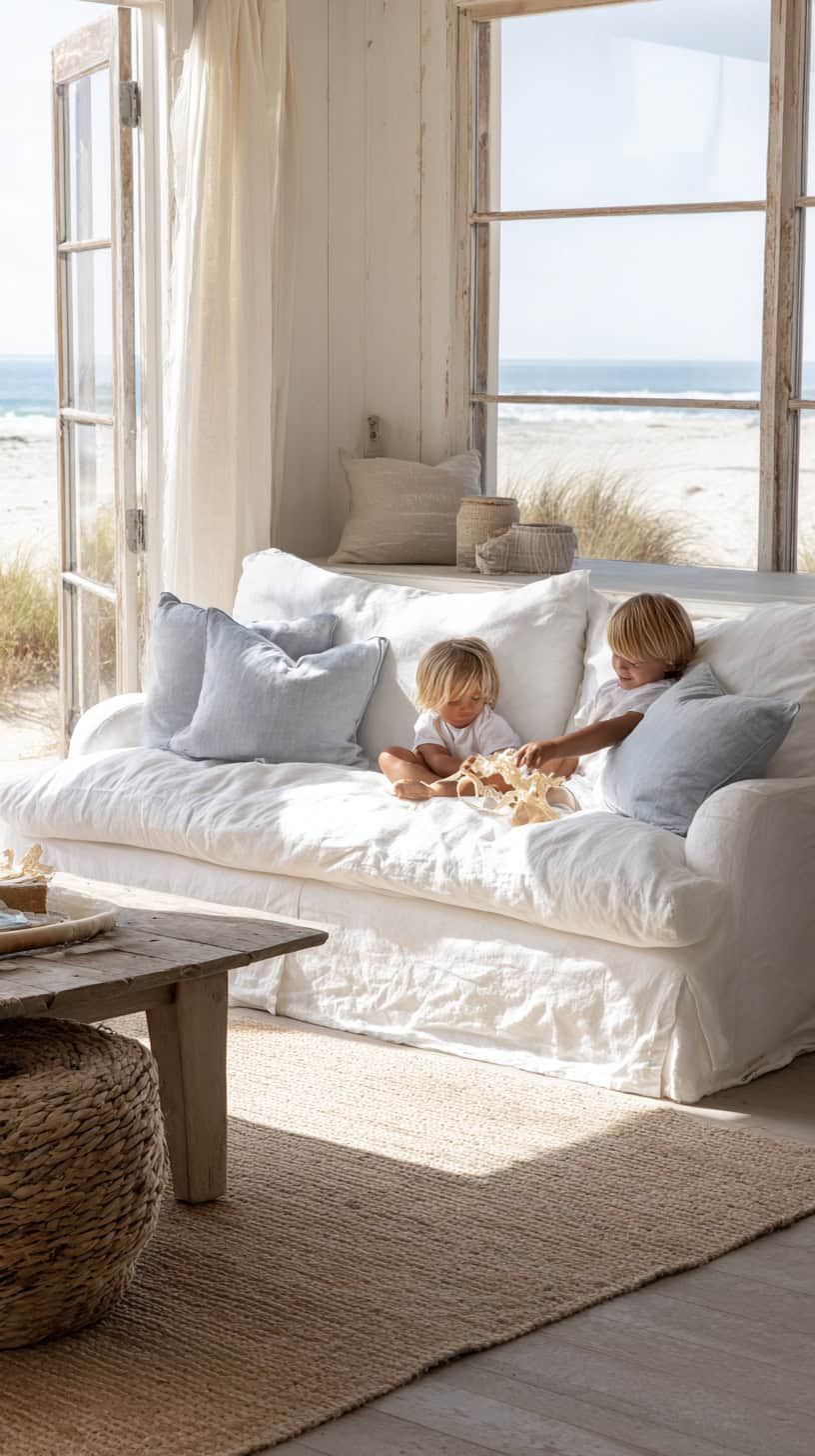 Two children sit on a white sofa in a bright, airy room with open French doors and a beach view.
