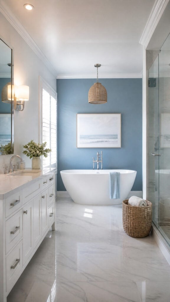 Coastal Blue Accent Wall with White Fixtures