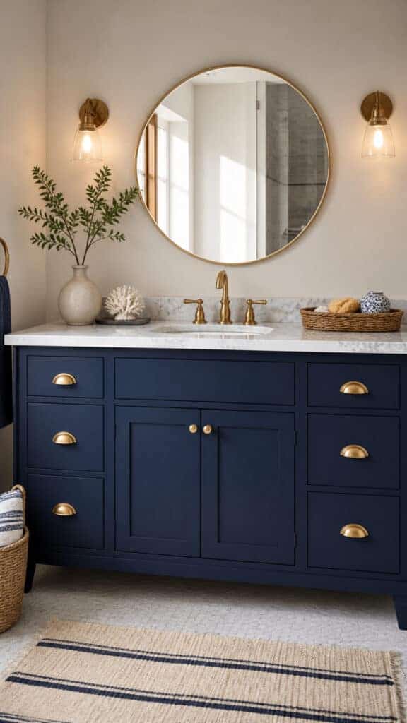 Navy Blue Vanity with Brass Hardware