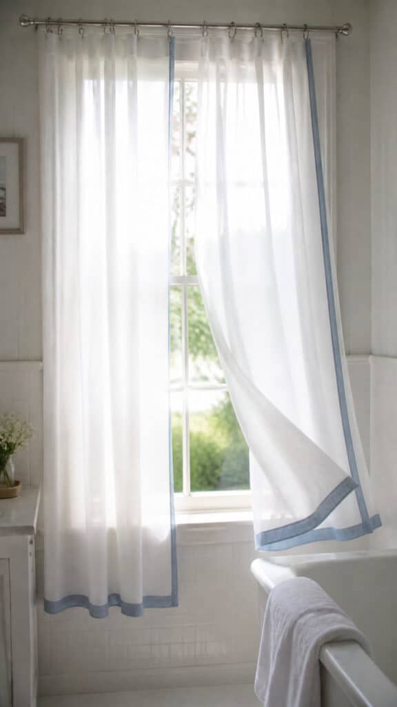 Sheer White Curtains with Blue Trim