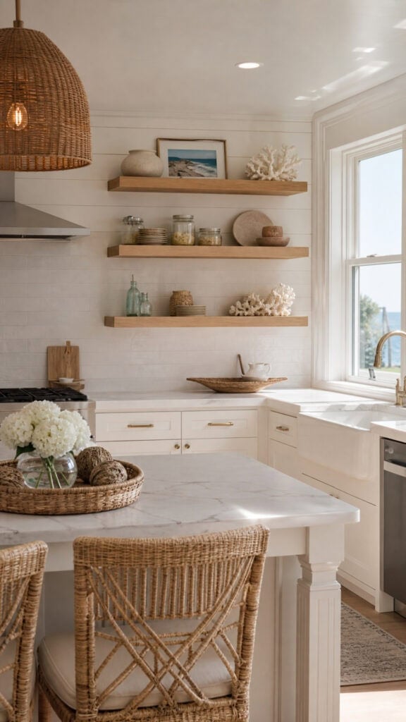 Soft White Shaker Cabinets with Natural Wood Accents