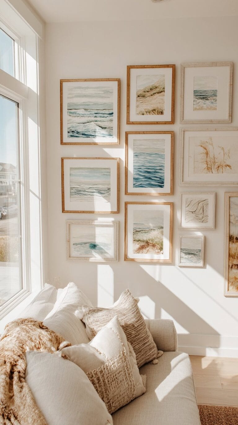 A cozy living room corner with a cream sofa adorned with beige and brown pillows, and a wall arranged with framed ocean-themed artwork.