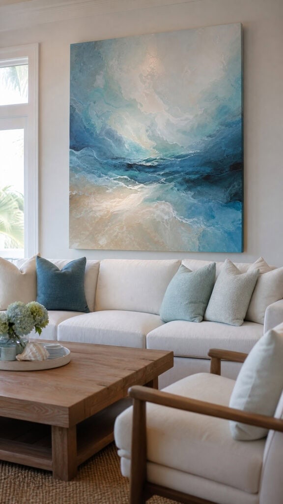 Incorporate Oversized Abstract Art in Ocean-Inspired Hues