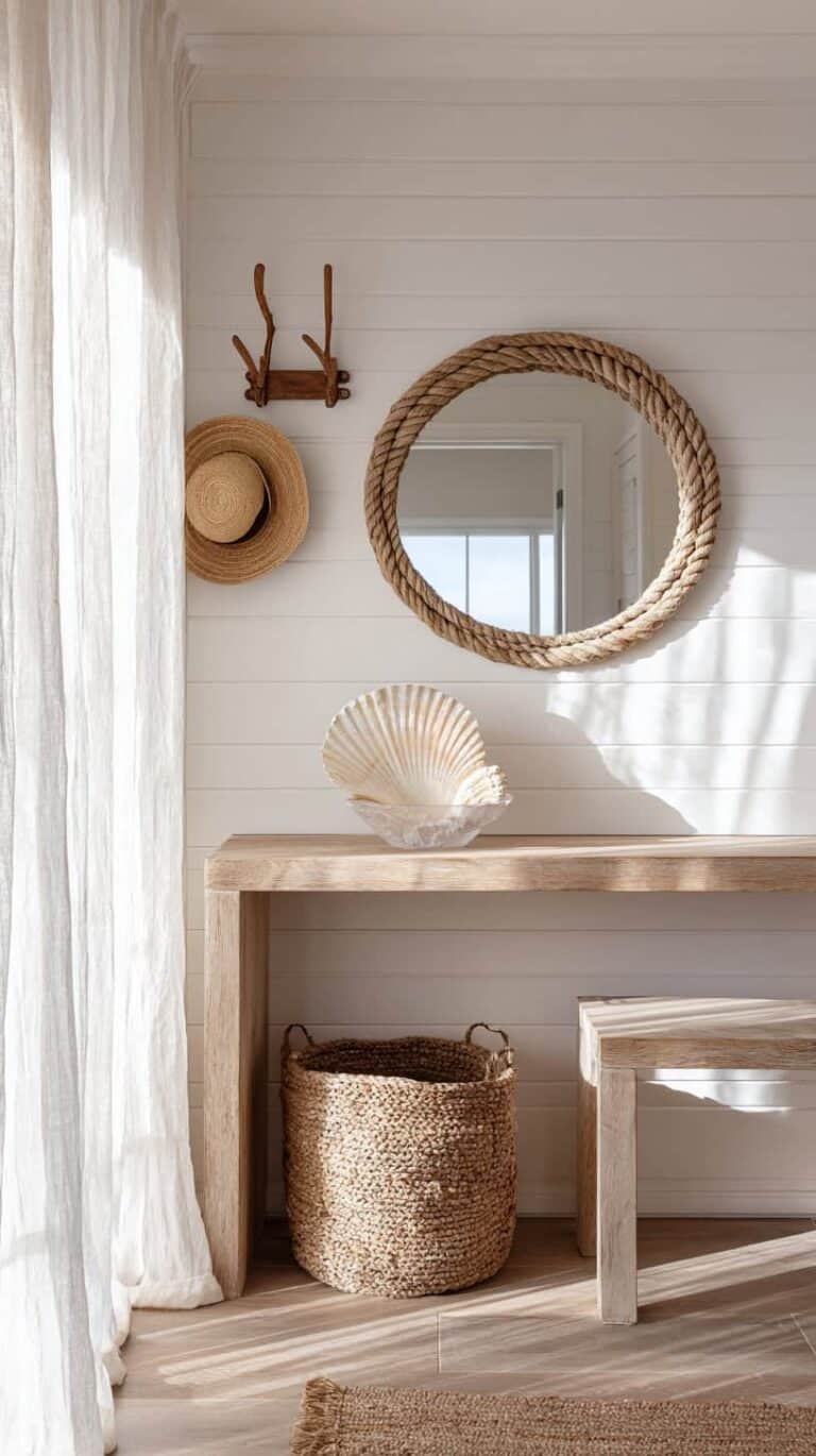 A light, airy room with a rope-framed mirror, wooden table, shell decor, woven basket, and hat on a hook on a white-paneled wall.