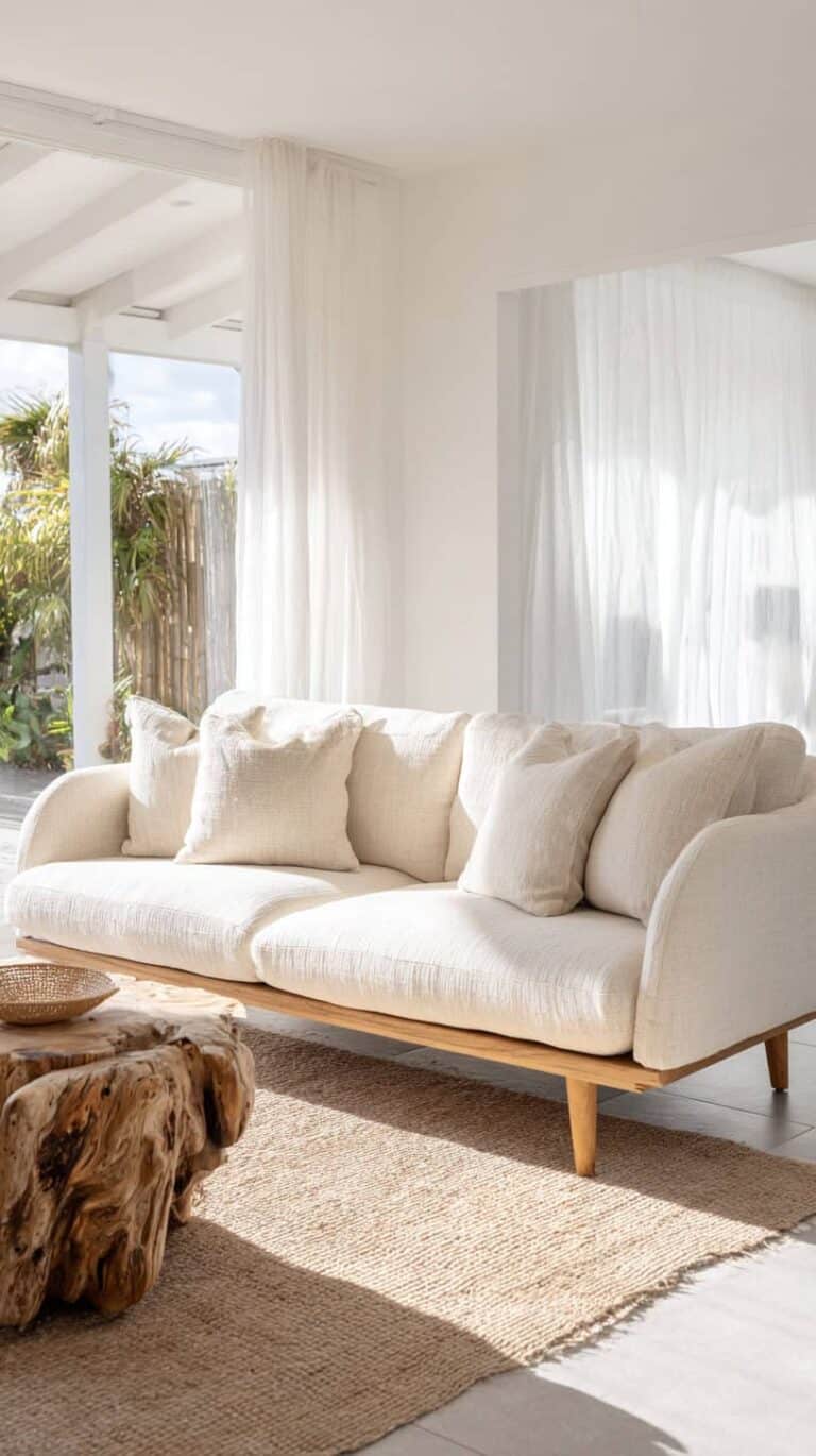 A cozy, light beige sofa with several cushions, placed on a woven rug in a bright, airy room with large windows.