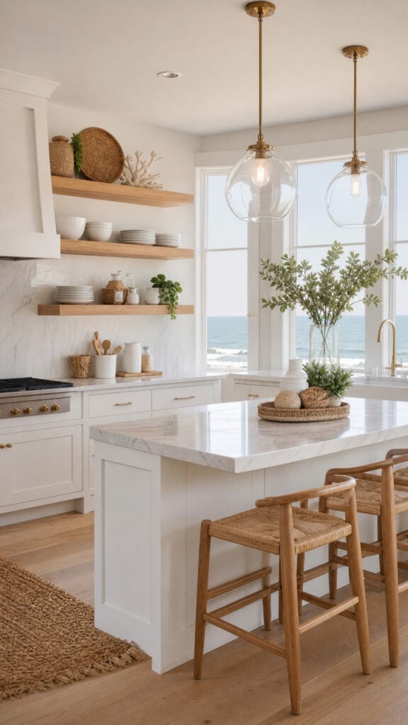 Crisp White Shaker Cabinets with Natural Wood Accents