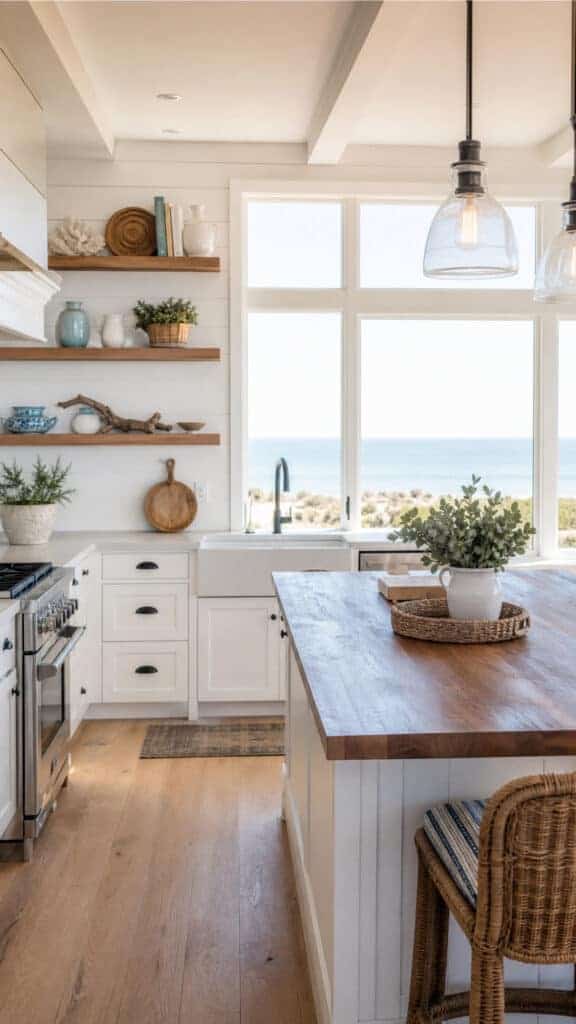 White Shaker Cabinets with Natural Wood Accents