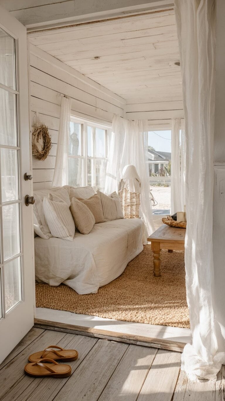 A cozy sunlit room with a beige couch, a wicker chair, sheer curtains, and a wooden coffee table on a woven rug.