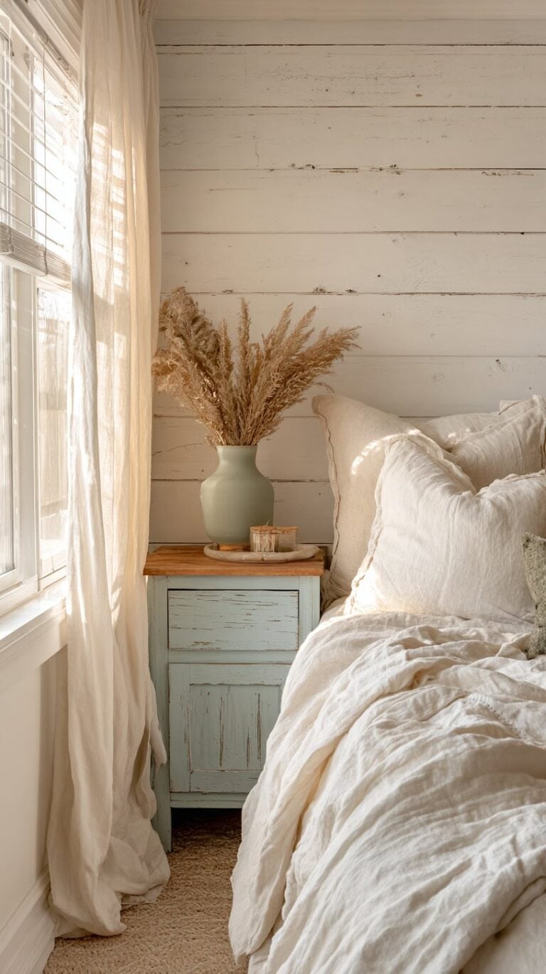 A cozy bedroom corner with a rustic wooden nightstand, a vase of pampas grass, and sheer curtains beside a window.
