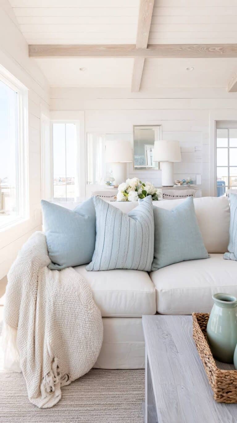 A cozy living room with a white sofa adorned with light blue pillows and a throw, set against a bright, airy backdrop.