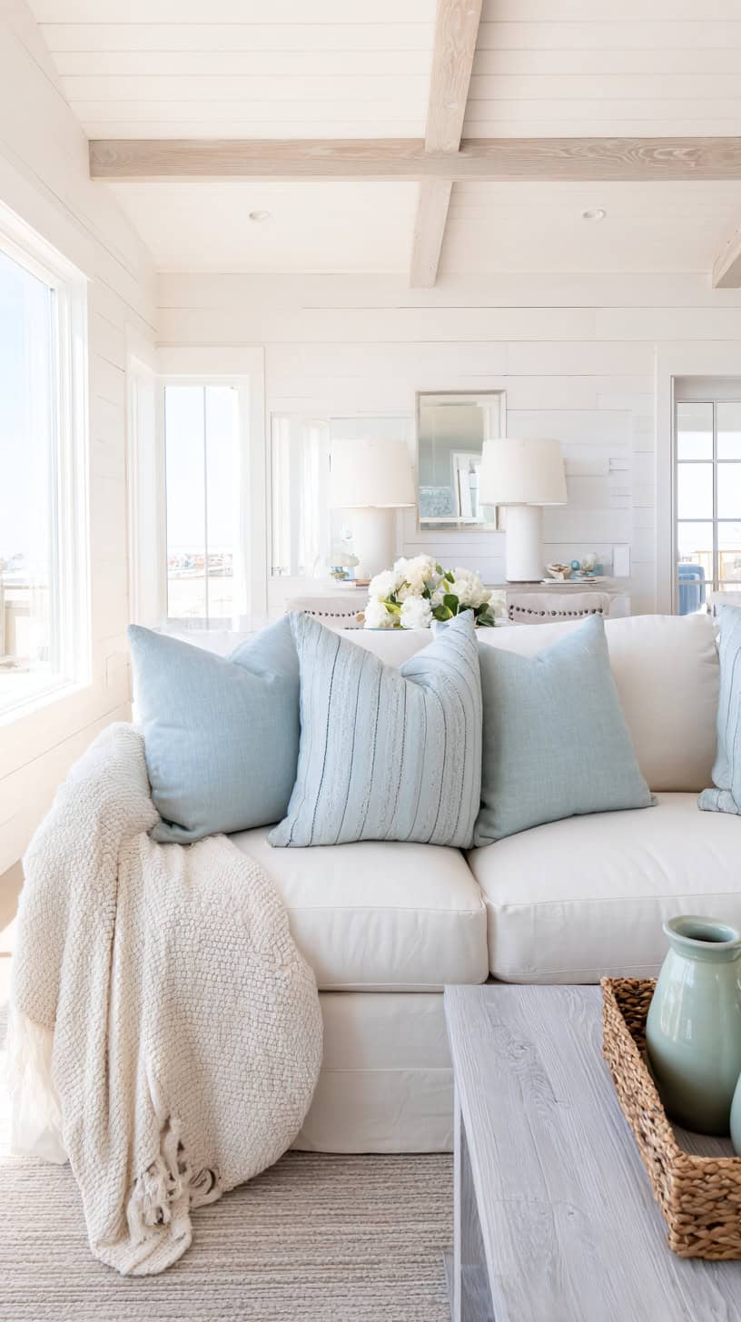 A cozy living room with a white sofa adorned with light blue pillows and a throw, set against a bright, airy backdrop.