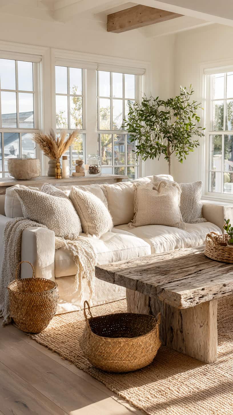 A cozy living room with a light-colored sofa, textured cushions, a rustic wooden coffee table, and woven baskets on a natural rug.